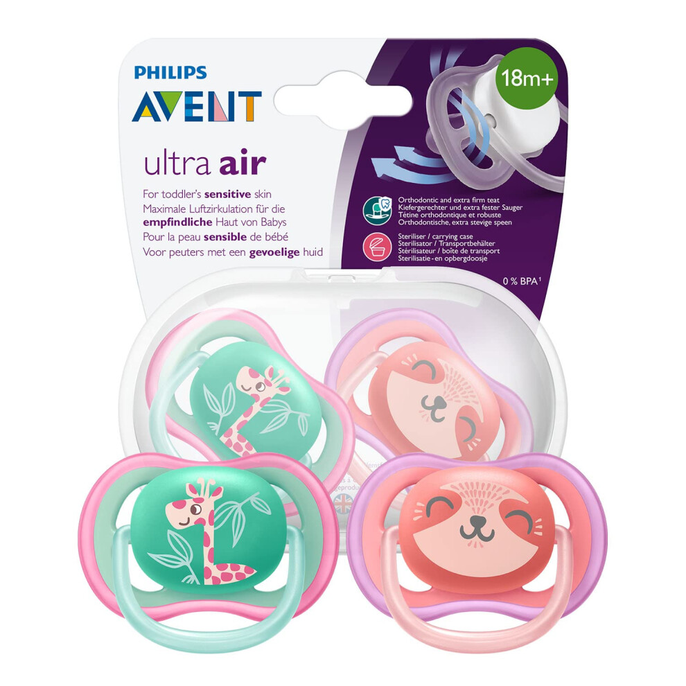 Avent Soothers, 18m+ Ultra Air Baby Soother for Baby's Sensitive Skin with Self Sterilising Travel Case, Giraffe/Panda Design, Pink/Turquoise (Pack of