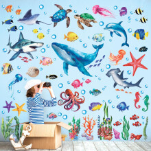 DS12-8078 Ocean Whale Fish Shark Wall Stickers Decals Under The Sea Turtle Jellyfish Removable for Kids Bedroom Nursery Living Room Art Home décor