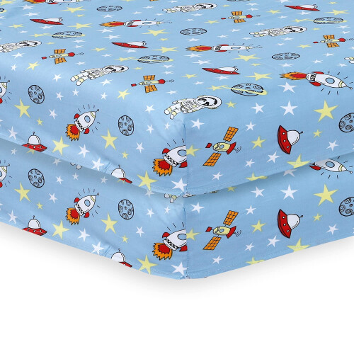 2 Pack Cot Bed Fitted Sheets Easy Care Soft and Dureable, Space Blue - 70 x 140 cm