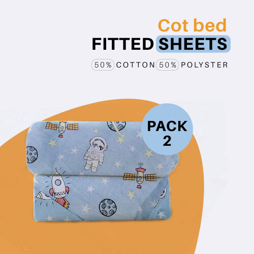 2 Pack Cot Bed Fitted Sheets Easy Care Soft and Dureable, Space Blue - 70 x 140 cm 1