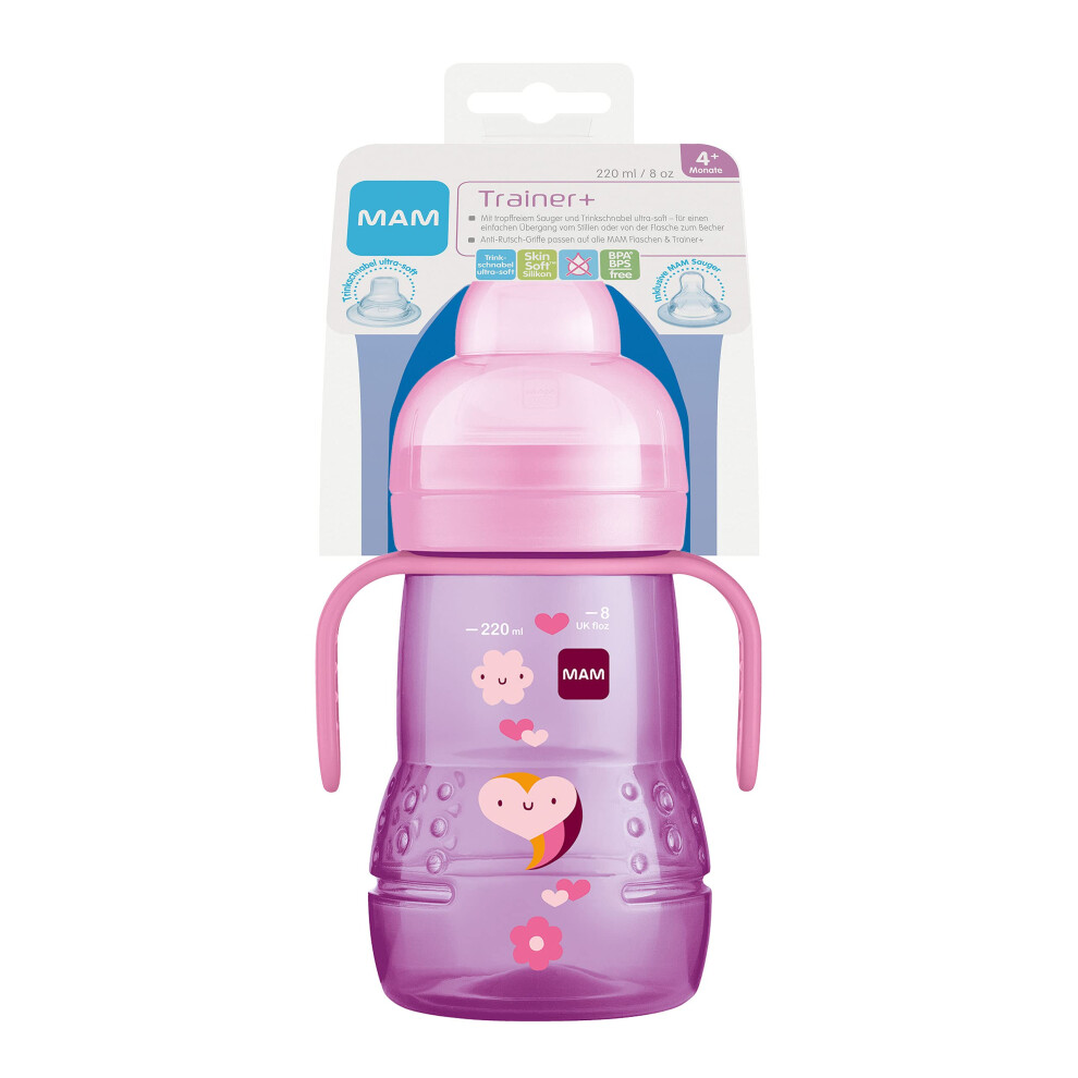 Trainer+ (220 ml), Drinking Bottle for The Transition to a Cup, Drinking Cup with drip-Free Teat, Drinking spout and Handle, 4+ Months, Heart