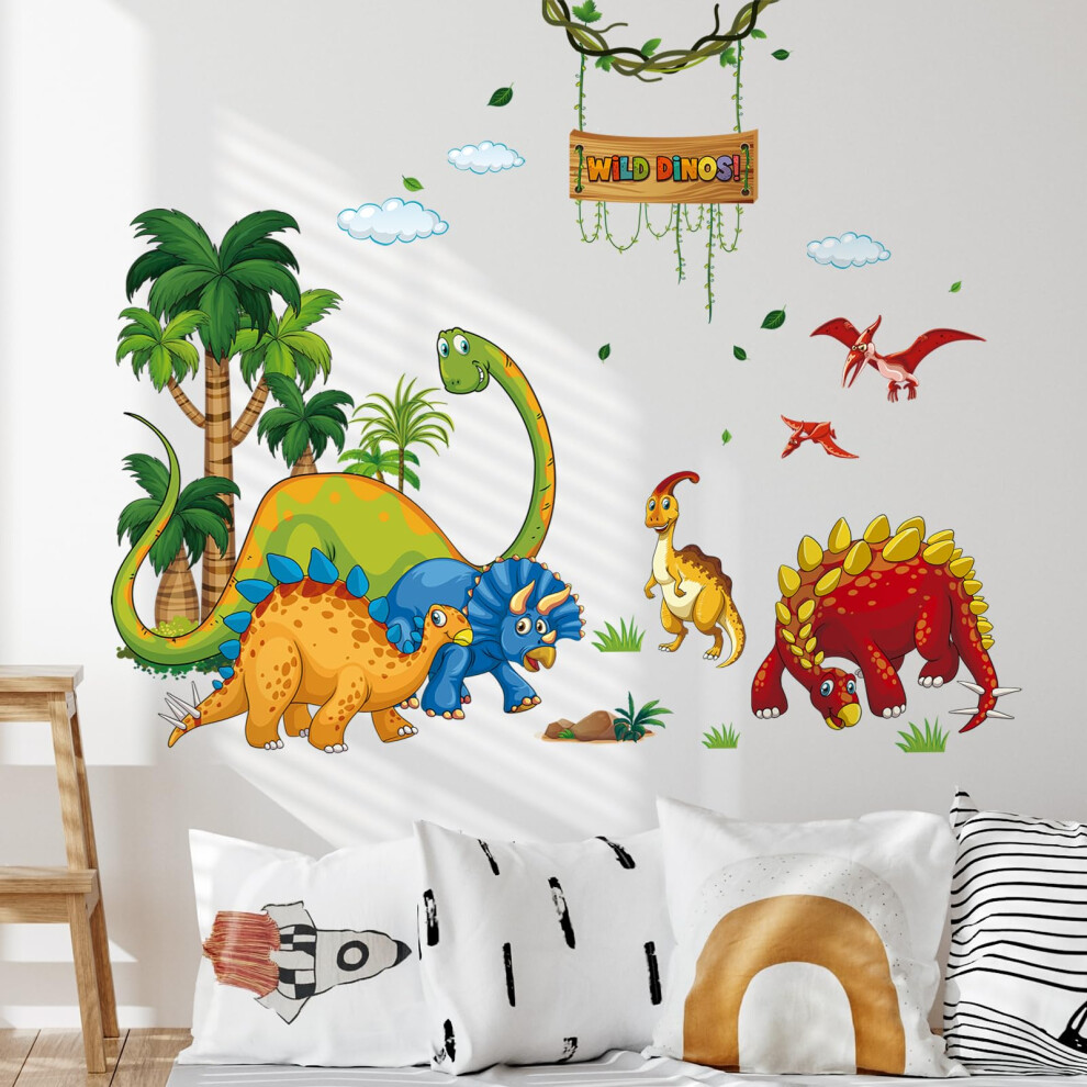 Dinosaur Wall Stickers Cartoon Dino Wall Decal Wild Tree Dino Wall Art Sticker for Boy's Room Kids Baby Nursery Bedroom Playroom Living Room Wall
