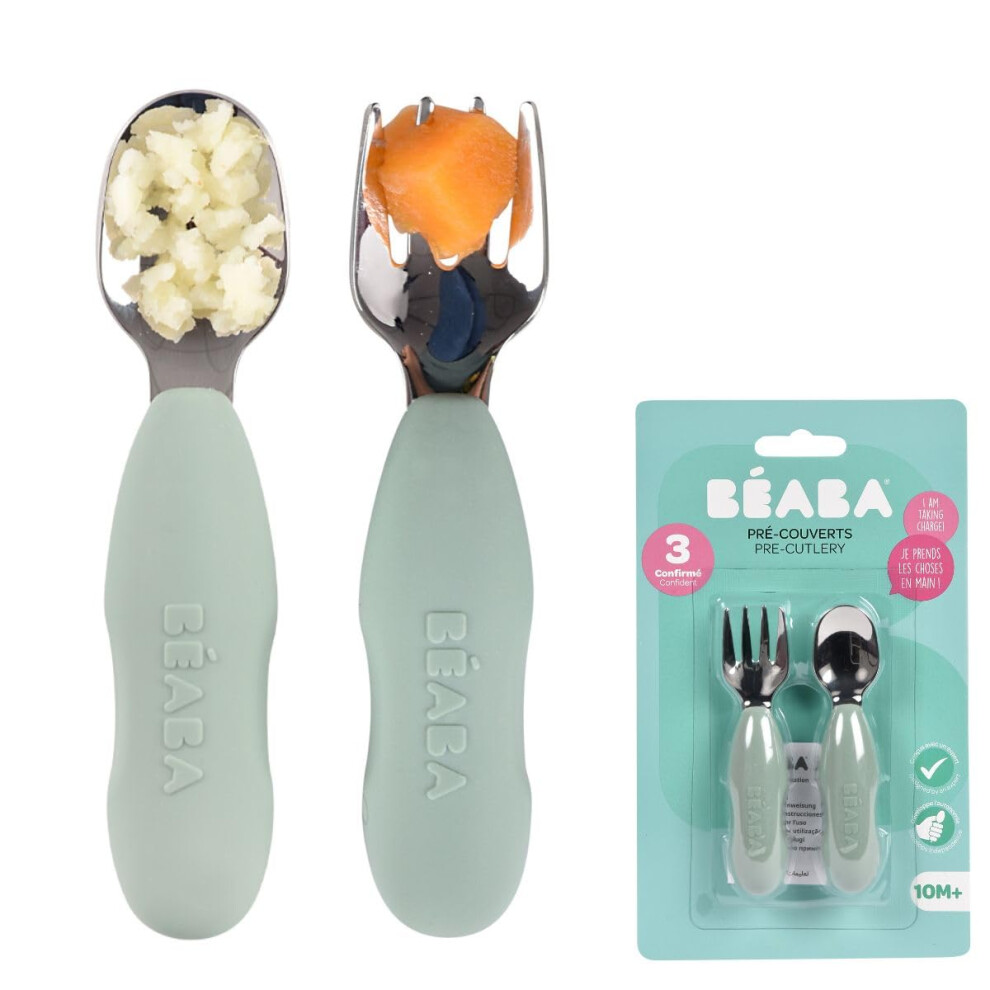 BEABA, Set of 2 Stainless Steel and Silicone Cutlery Sets, Baby Cutlery, Children's Cutlery, from 10 Months, Ergonomic Shape, Ergonomic Handle,