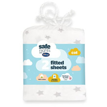Safe Nights Cot Size Fitted Sheets Set 100% Jersey Cotton Bedside Compatible Pack of Two Grey Star Easy Care Super Soft Cuddly for Baby with Storage