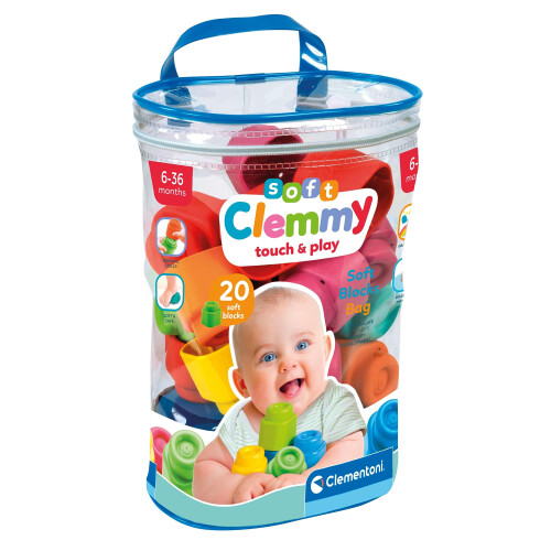 Clementoni Baby Bag 20 Pieces-Soft Building, Clemmy Blocks for Kids 6 Months, Bricks Washable, Construction Set, Development & Activity Toy, Made in Italy, 17877