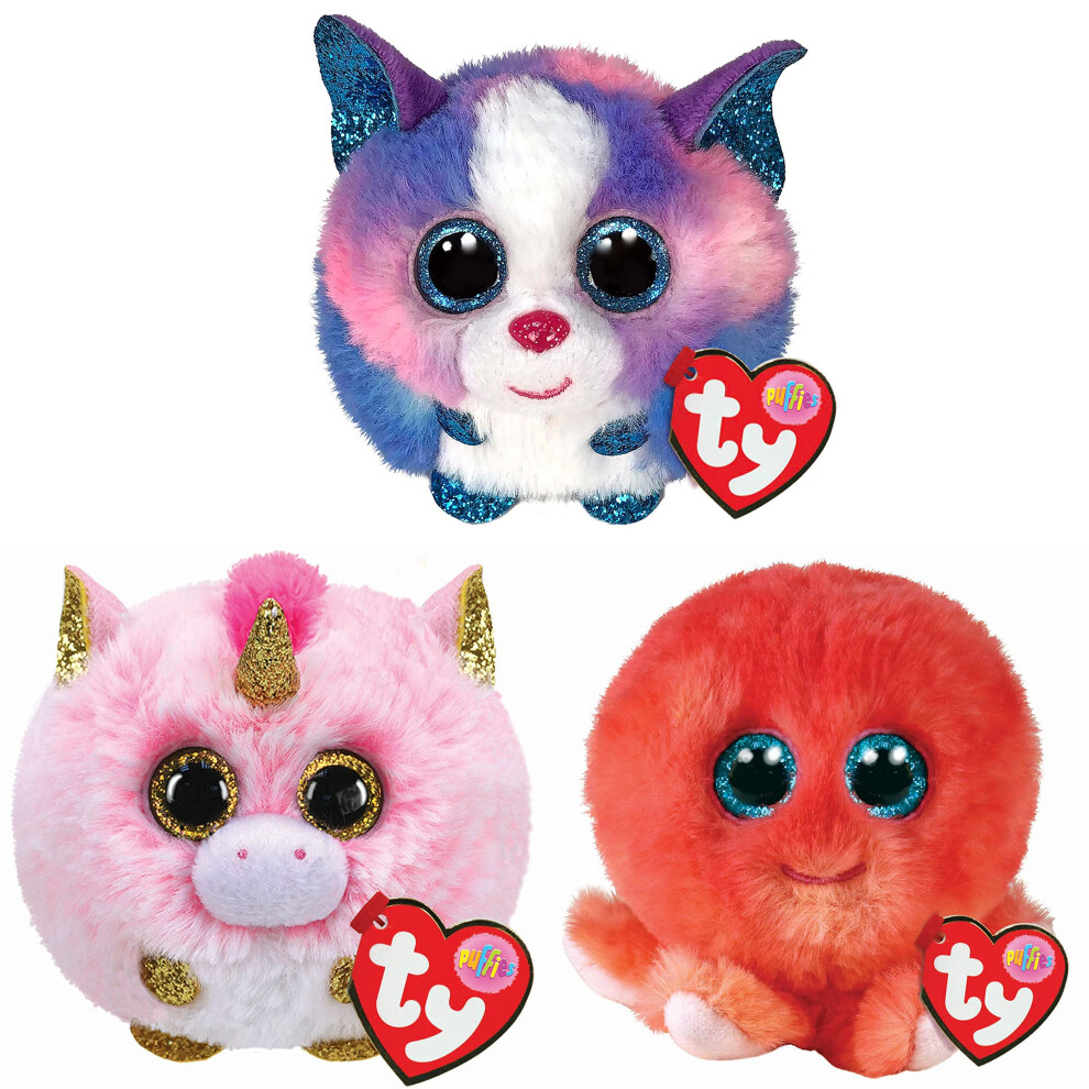 Puffies Soft Plush Toy Multipack | Fantasia, Cleo, Sheldon | 4 Inch Collectible Cuddly Stuffed Beanie Baby Teddy x3