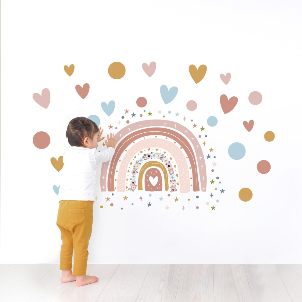 Tanlaby Boho Rainbowwall Stickers, Large Rainbow Flower Wall Decals, Colorful Dots Hearts Stars Wall Decor, Diy Vinyl Mural Art For Girls Baby Nursery Bedroom