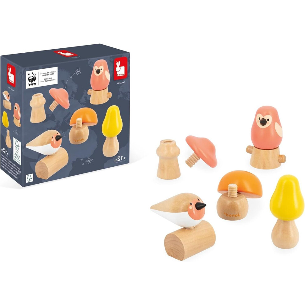 2 Birds and 3 Mushrooms Screw Early-Years Developmental FSC Wooden Toy-in Partnership with WWF-18 Months +, J08643, Multicolor, One Size