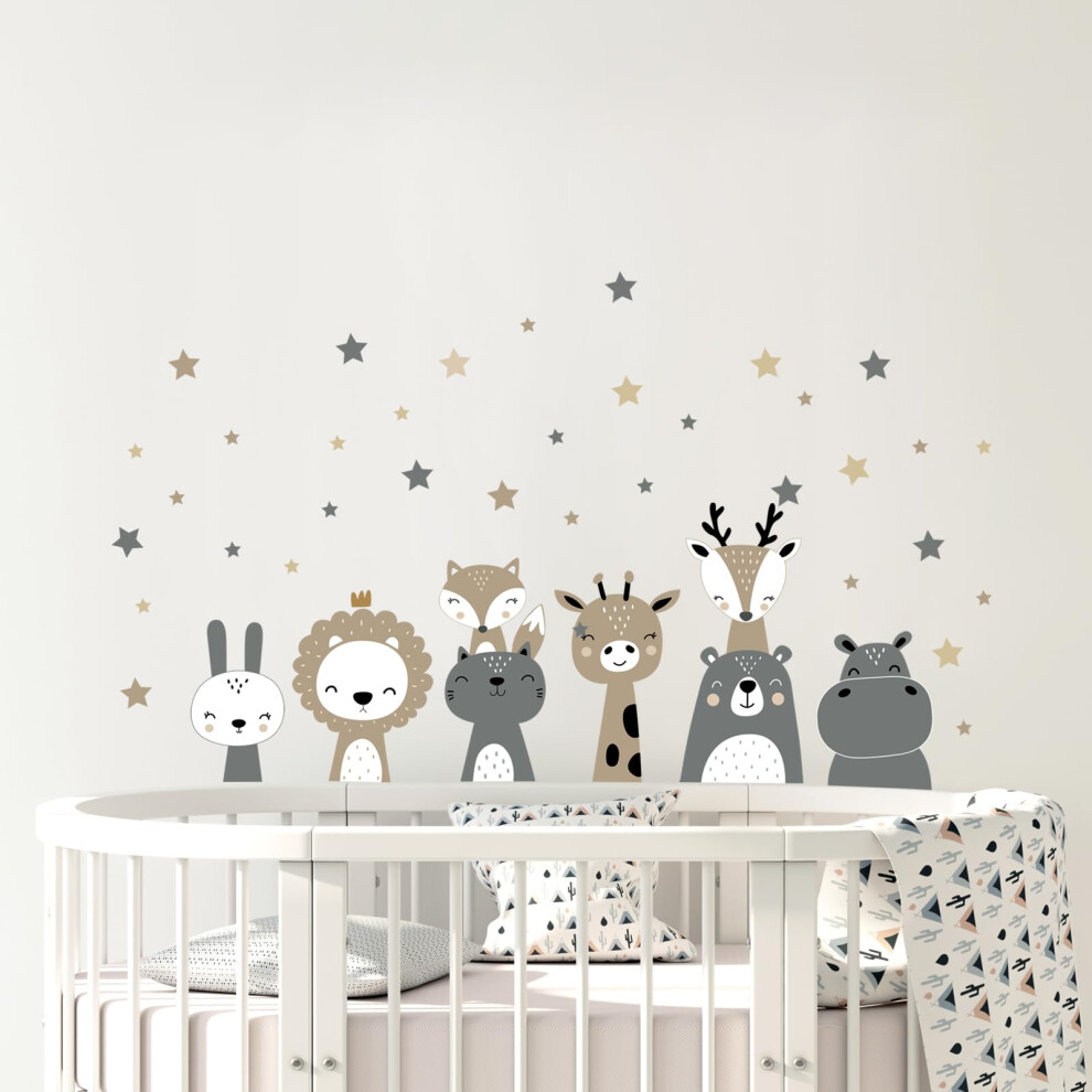 Tanlaby Cartoon Jungle Animal Wall Stickers, Nordic Boho Grey Brown Woodland Fox Lion Giraffe Wall Decals, Wall Art Sticker For Nursery Bedroom Playroom