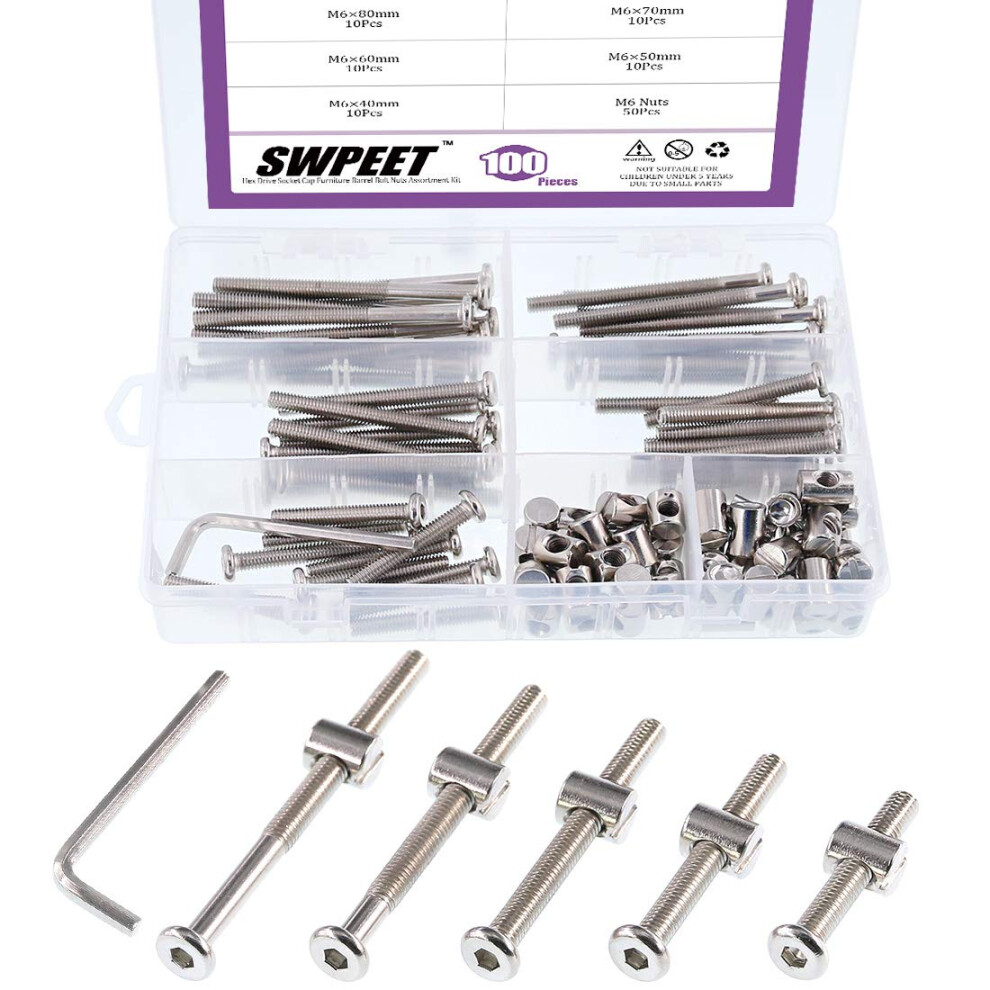 100Pcs Crib Hardware Screws, Nicked Plated M6 40/50/60/70/80Mm Hex Socket Head Cap Crib Baby Bed Bolt And Barrel Nuts With 1 X Allen Wrench Perfect 705419471976