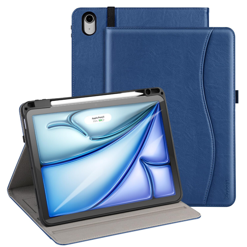 for iPad Air 11 Inch (2024) M2,Air 6th Generation/5th Generation 2022/4th Generation 2020 with Pencil Holder & Pocket, Multi-Angle Viewing Leather