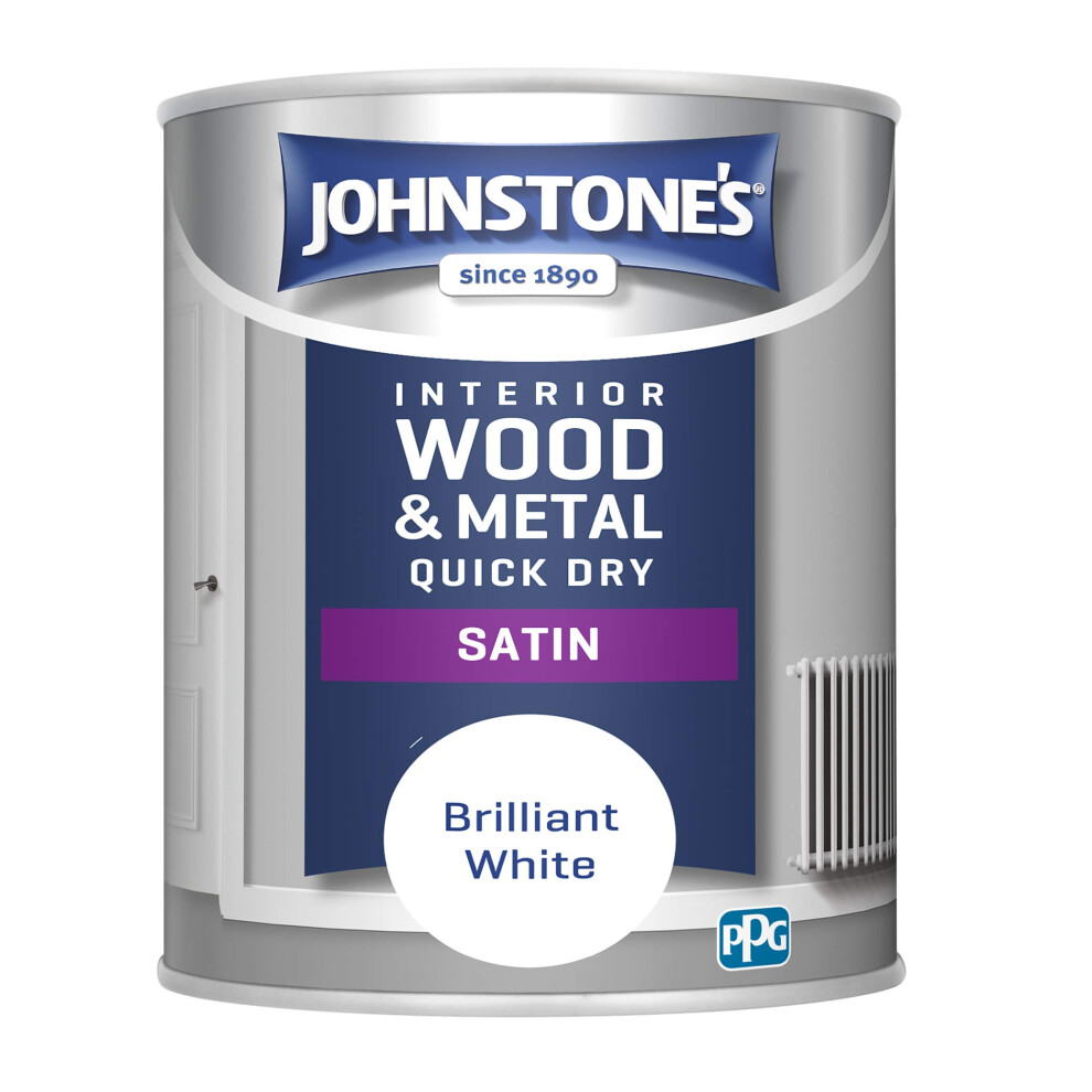 - Quick Dry Satin - Brilliant White - Satin Finish - Water Based - Interior Wood & Metal - Radiator Paint - Low Odour - Dry in 1-2 Hours - 12m2