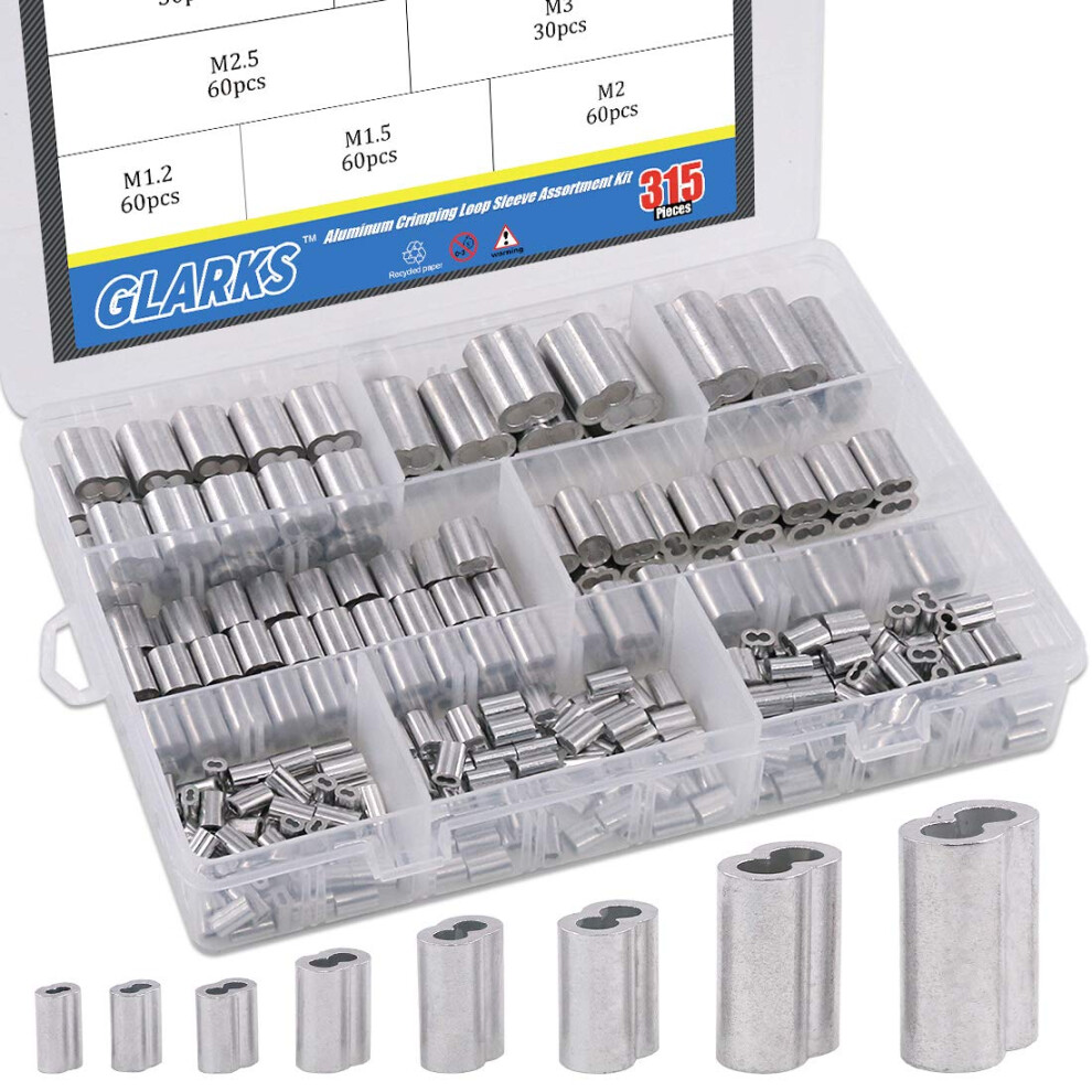 315-Pieces 8 Sizes Aluminum Crimping Loop Sleeve Double Barrel Ferrule For Wire Rope And Cable Line End Assortment Kit - M1.2-M6 799862355495