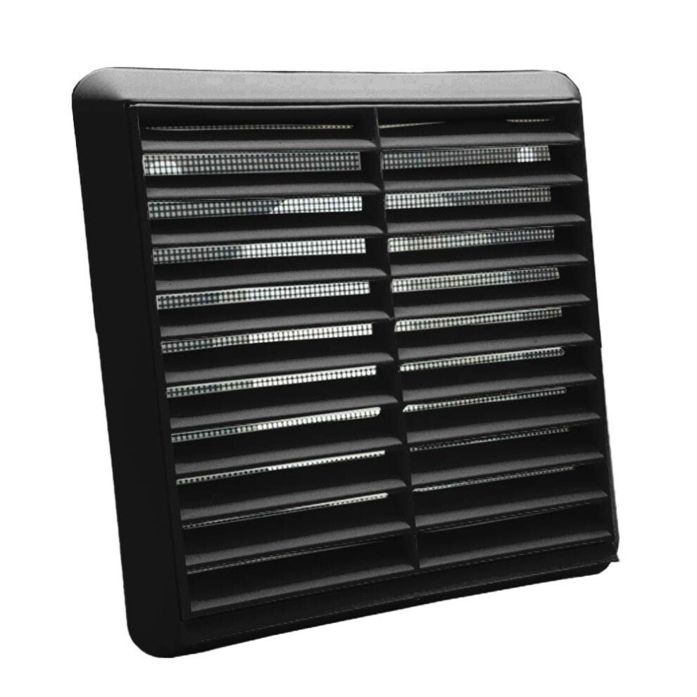 Black Louvred Wall Vent Grille 183Mm External Dimension With Flyscreen And Round 150Mm - 6 Inch Rear Spigot 5060272547608