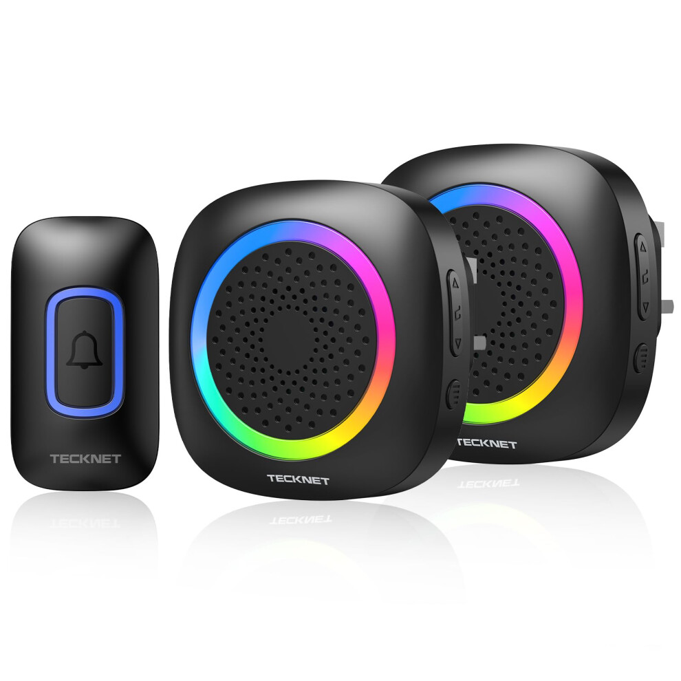 Tecknet Wireless Doorbell, Plug In Door Bells Wireless Cordless With 2 Receivers, Ip66 Waterproof Wireless Door Chime Kit With Rgb 400M Wireless Range, Light