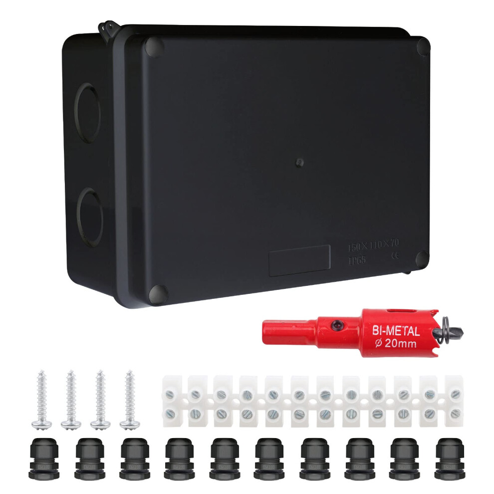 10 Way Junction Box With Terminal Blocks, 150X110x70mm Ip65 Waterproof Electrical Connection Box, Outdoor Ip Rated Adaptable Enclosure For Cctv (Black 734914413204