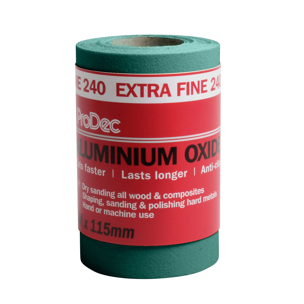 5M Roll 240 Grit Extra Fine Grade Green Aluminium Oxide Abrasive Sanding Paper For Sanding Wood, Paint, Plaster, Filler, Metal And More, 115Mm Wide 5019200182831