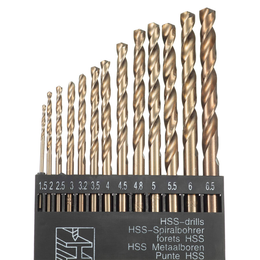 13pcs M35 HSS Gold Cobalt Jobber Drill Bit Set, Metric High Speed Steel Twist Drill Bit Set 1.5mm-6.5mm Extremely Heat Resistant with Straight Shank
