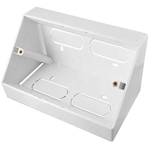 White Double 2 Gang Pattress Electrical Back Box 45 Degree Angled Surface Mount for Work Bench etc