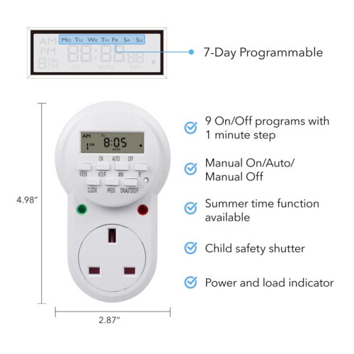 Digital Programmable Plug-in Timer Socket, 24 Hours/7 Day Weekly Electronic Light Timer Plug with 9 On-Off Programs and Anti-Theft Random Function 1