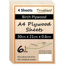 6mm Birch Plywood A4-300x210x 6mm - (Pack of 4) Laserable Low fume E1 Glue Ply.