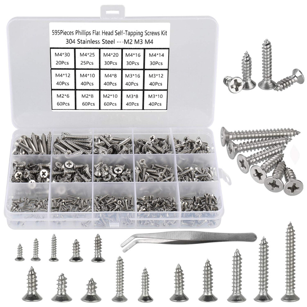 595Pcs M2 M3 M4 Phillips Flat Head Self-Tapping Screws, 304 Stainless Steel Countersunk Head Tapping Screws,Wood Screws Assortment Set With Storage 190430998982