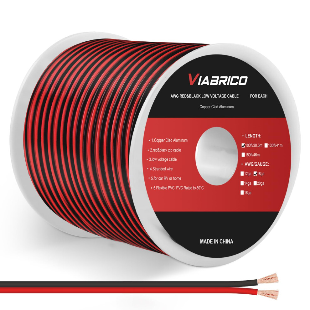100Ft 18 Awg Gauge Electrical Wire, Dc 12V Hookup Red Black Copper Stranded Auto 2 Cord Low Voltage, Extension Cable With Spool For Led Ribbon Lamp 4894773498234