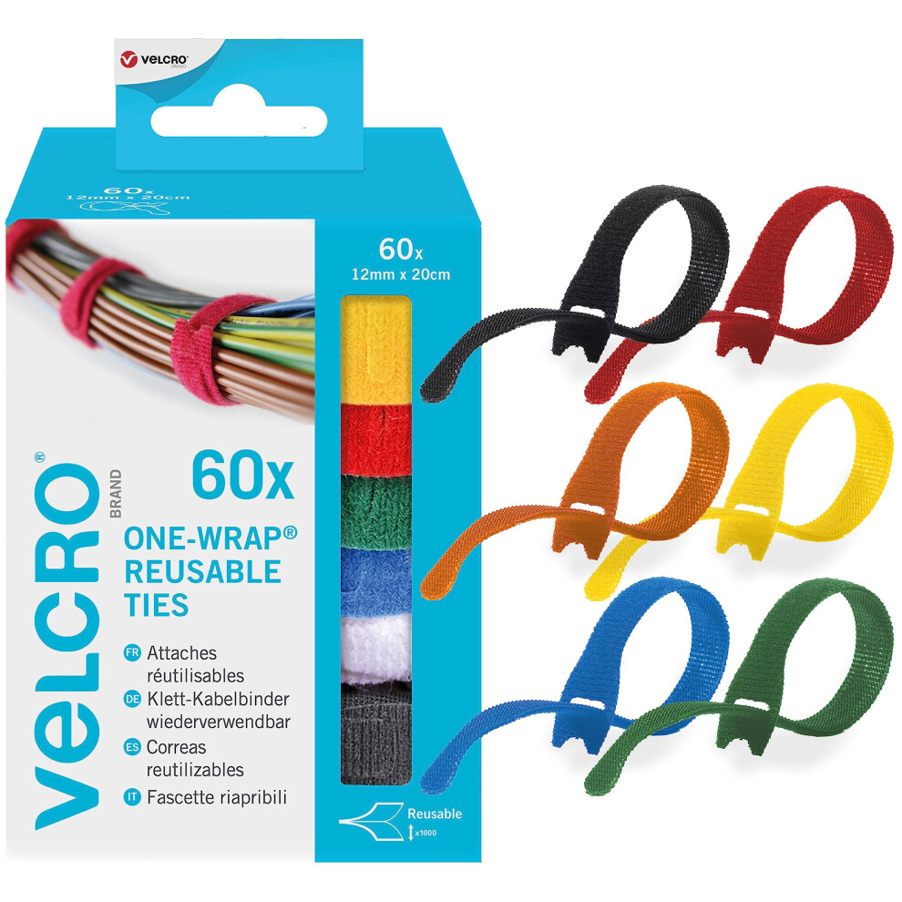 Brand | ONE-WRAP | Organiser Hook and Loop Straps| Reusable Assortment Cable Ties for Home & Office Bundling | Multi-Colour | 12mm x 20cm | 60 Pack