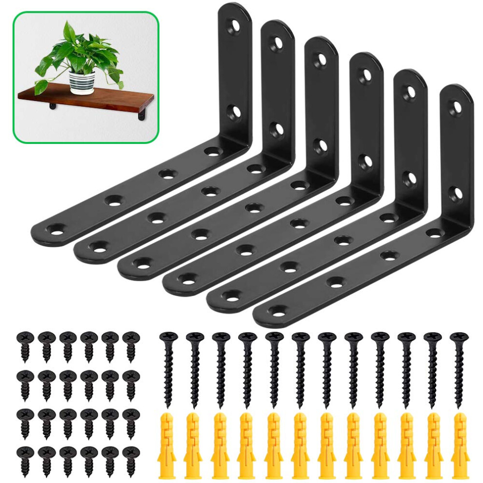 6 Pcs Wall Shelves Brackets Floating Shelf Brackets Heavy Duty Supports Screws and Wall Plugs Set 90 Degree Angle Metal Brackets Black L