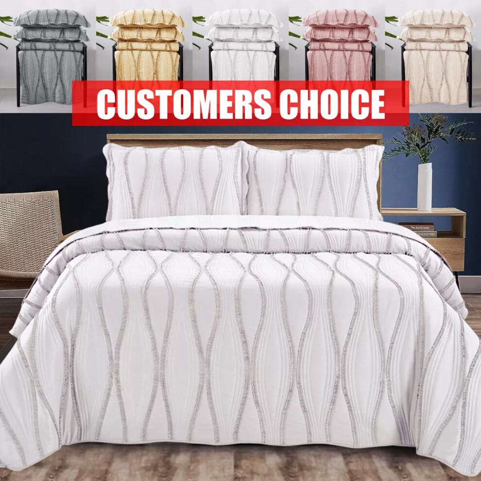 3 Piece Quilted White Cosy Bedspread Embossed Bed Throw  King Size