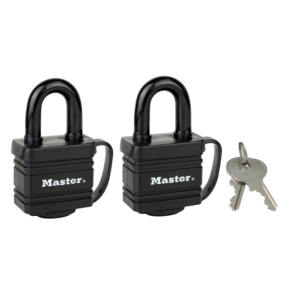 Master Lock, Black, 7804EURT Pack of 2 Laminated Padlocks with Key and Thermoplastic Cover, 7,8 x 4 x 2,9 cm