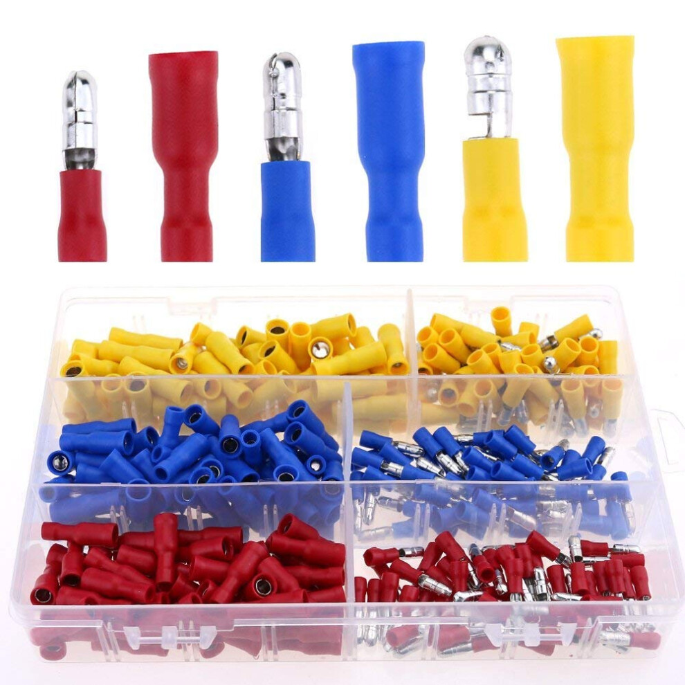 300Pcs 22-16/16-14/12-10 Gauge Insulated Quick Splice Female/Male Bullet Crimp Terminals Connectors Assortment Kit 602716232371