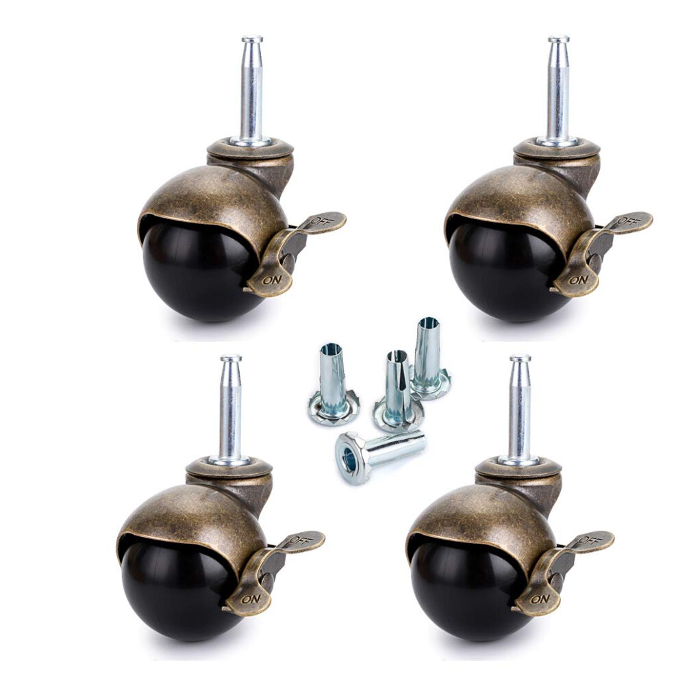 Stem Castor Wheels 50Mm, Ball Castors With Brake, Antique Swivel Casters For Furniture, Sofa, Chair, Cabinet, Load Capacity 40Kg Per Castor, Pack Of 4 631384982165