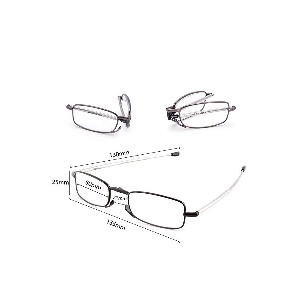 Folding Reading Glasses With Flip Case Portable Mini Reading Glasses Compact pocket reading glasses for Men and Women Gun Metal 2.5