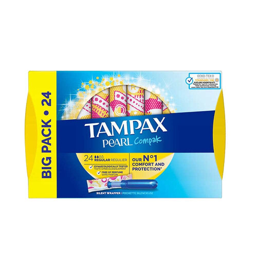 Compak Pearl Regular Insertion Sleeve Tampons, Blue, 24 Count