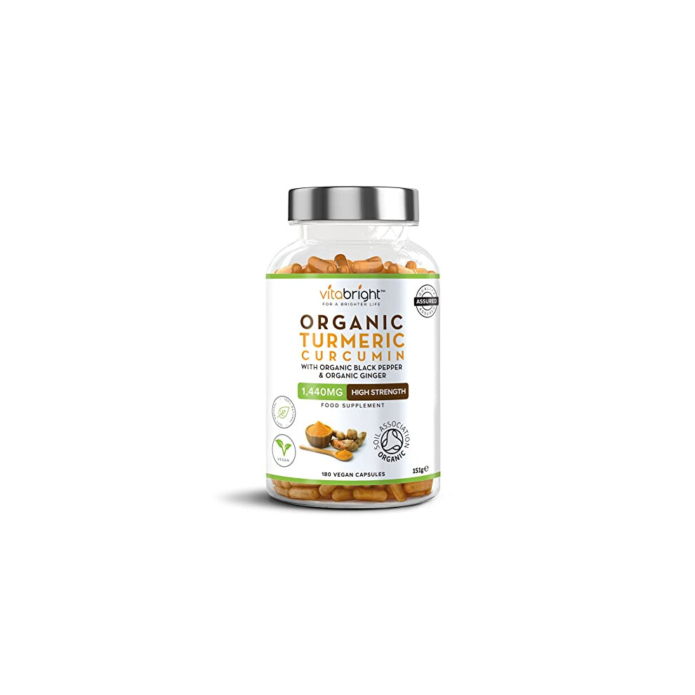 Vitabright High Strength Turmeric & Black Pepper Capsules 1440Mg, 180 Caps/3 Months, Organic Turmeric Ginger & Black Pepper Capsules, Turmeric Curcumin Capsules