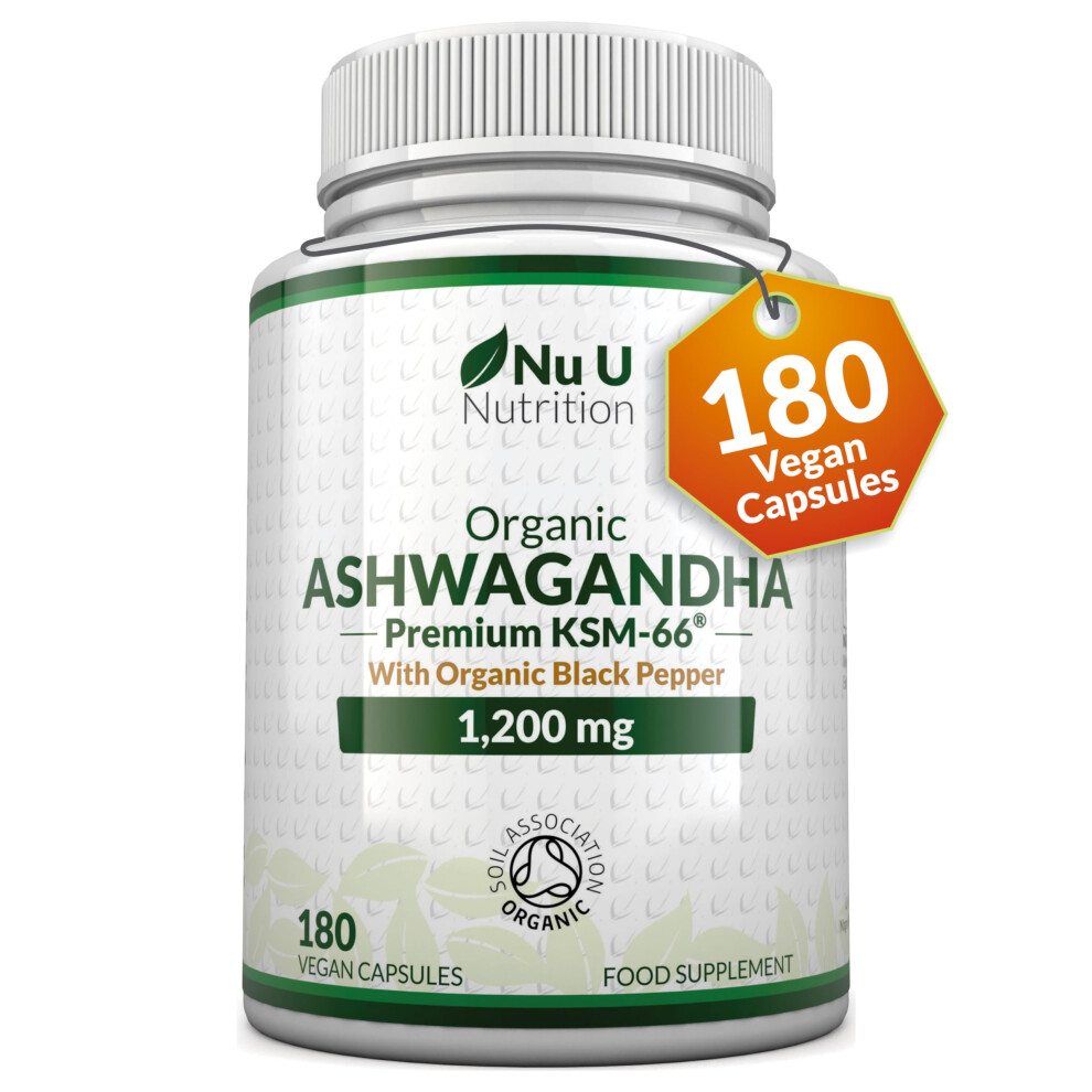 Organic Ashwagandha KSM-66 1200mg - 180 Vegan Capsules not Tablets - High Strength Ashwaganda Root Extract with Organic Black Pepper - Made in The