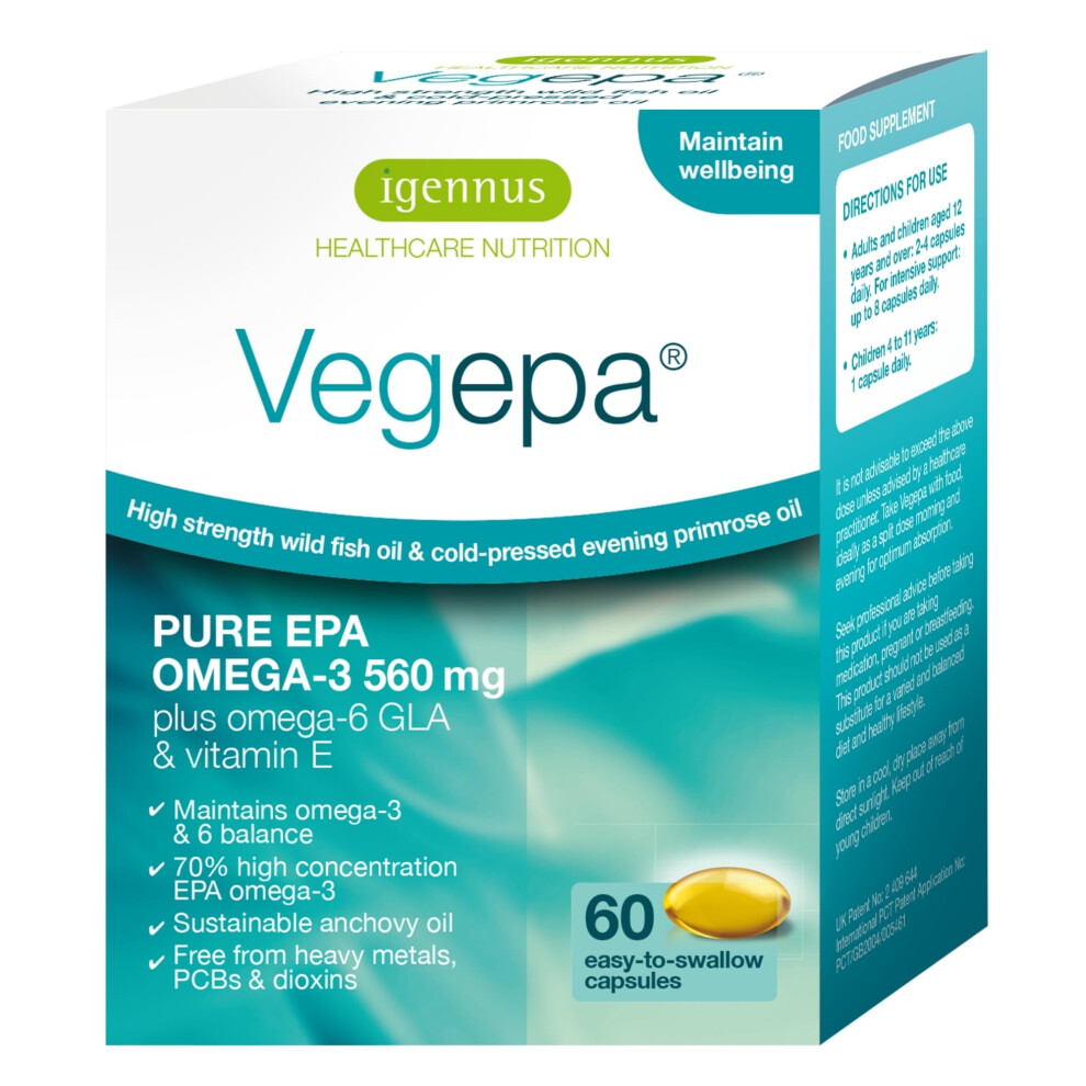 Vegepa, EPA Omega 3 & GLA Omega 6, Ultra Pure Wild Fish Oil & Evening Primrose Oil, 60, 560mg EPA per Serving, 30 Servings, 60 Capsules, by Igennus