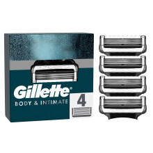 Gillette Body and Intimate Razor Blades Men, 4 Razor Blade Refills with Lubrastrip, Formulated for Pubic Hair, Gentle and Easy to Use, Dermatologist