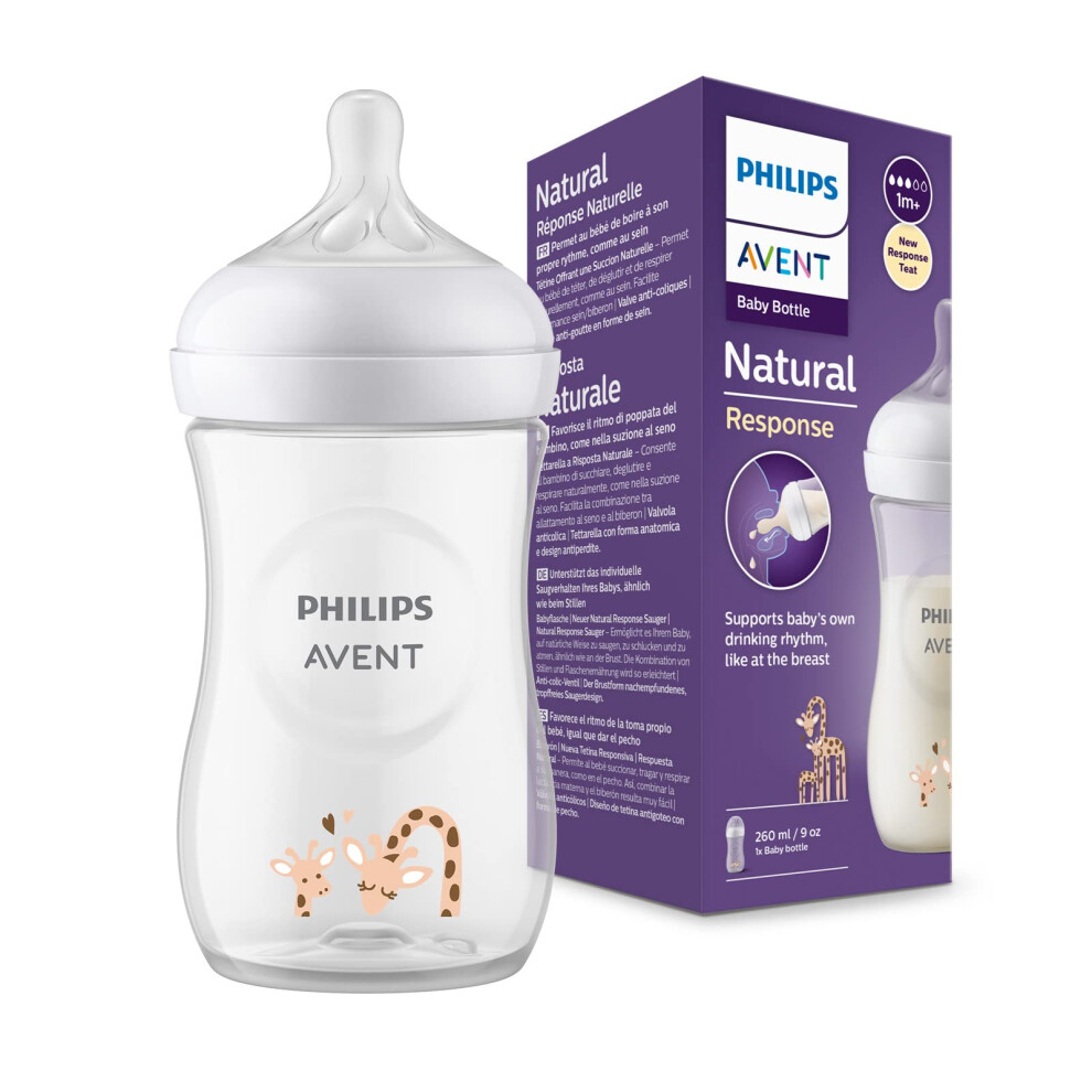 Philips Natural Response Baby Bottle - 260Ml Baby Milk Bottle, Bpa Free For Babies 1 Month+, Giraffe Pattern (Model Scy903/66) Avent