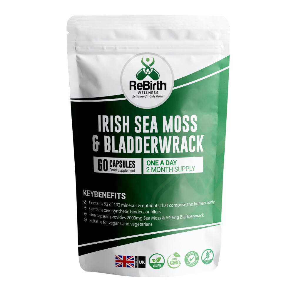 Sea Moss and Bladderwrack - 60 High Strength Capsules - 2 Month Supply - Vegan Friendly -No Synthetic Fillers or Binders - Made in The UK - Rebirth