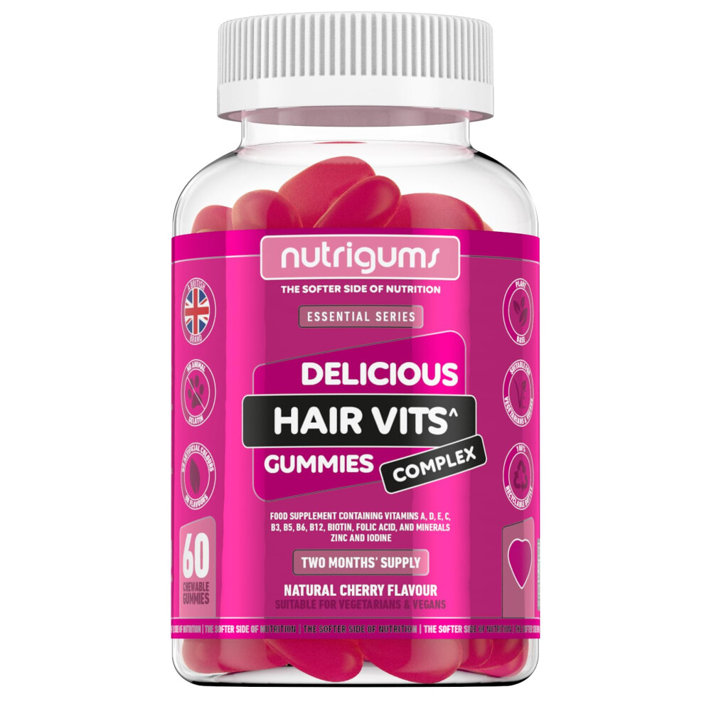 Nutrigums Hair Vitamin Biotin Complex Gummy | Cherry Flavour | 60 Vegan Gummies | Multivitamin Supplement Containing Biotin, Vitamin C, Folic Acid And Zinc |
