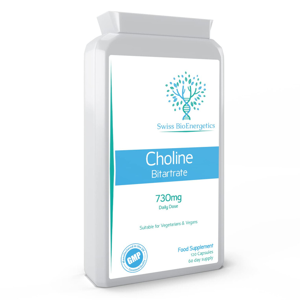 Swiss Bioenergetics Choline Bitartrate 730Mg Daily Dose, 120 Vegan Choline Supplement Capsules - Uk Made Support For Healthy Liver Function And Fat Metabolism