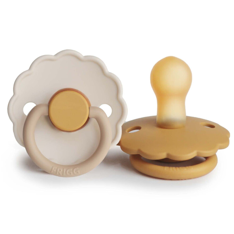 Frigg Daisy Latex Pacifier Pack Of 2 | Natural Rubber Soother Dummy | Bpa-Free | Made In Denmark | Symmetrical Cherry Shaped Nipple (Chamomile/Honey Gold,