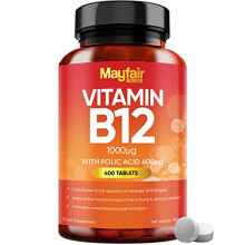 Vitamin B12 Supplements with Folic Acid - 400 Tablets of 500mcg Vegan B12 - Non-GMO & Gluten-Free - Made in UK