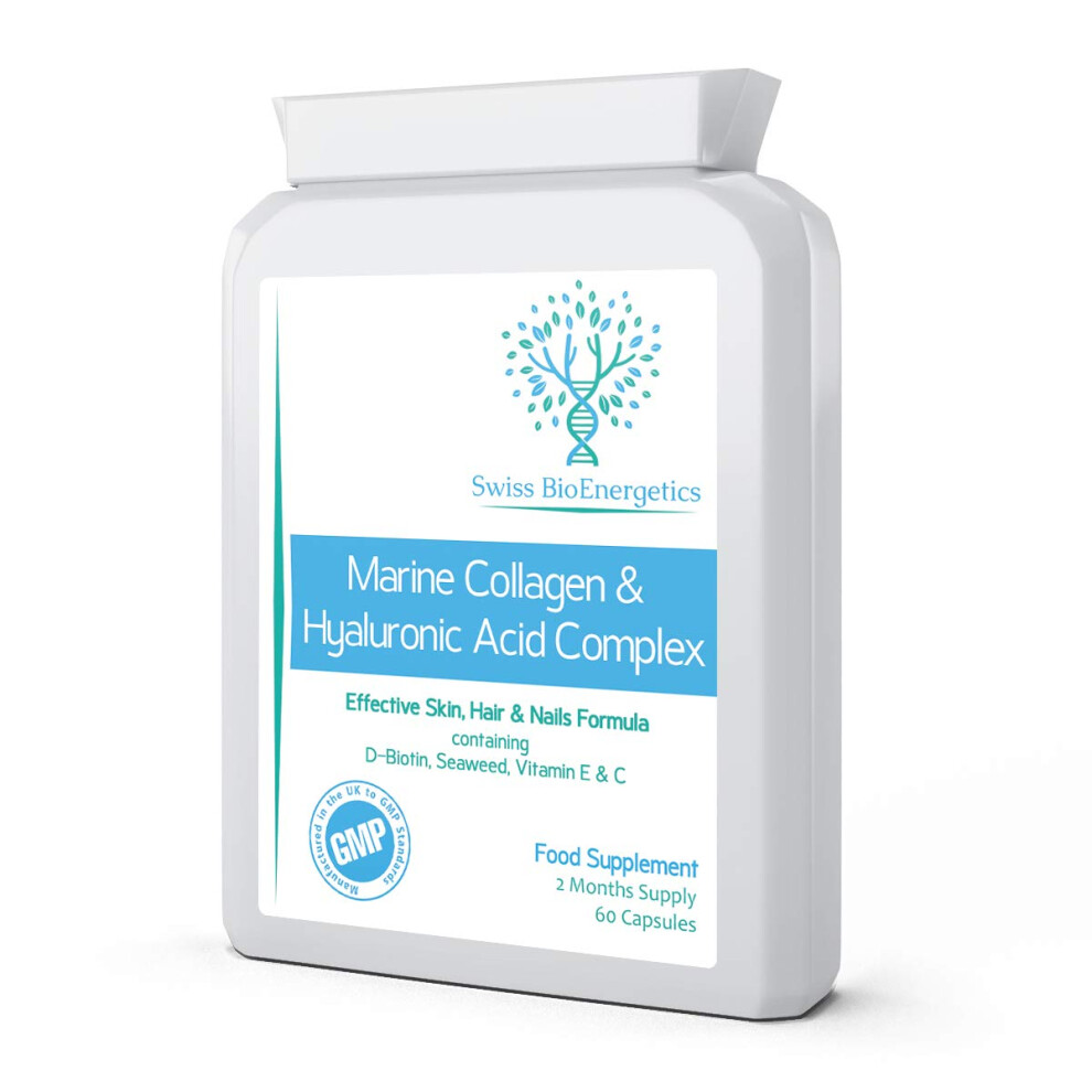 Swiss Bioenergetics Marine Collagen & Hyaluronic Acid Complex - 60 Capsules - 500Mg Of Highly Bioavailable Naticol Hydrolysed Collagen