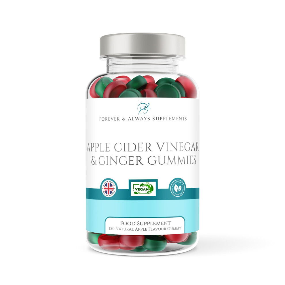 Forever & Always Supplements Apple Cider Vinegar Gummies With The Mother & Ginger X 120 (2 Month Supply), Each Vegan Acv Natural Apple Flavour Gummy Contains 500Mg Of Apple Cider
