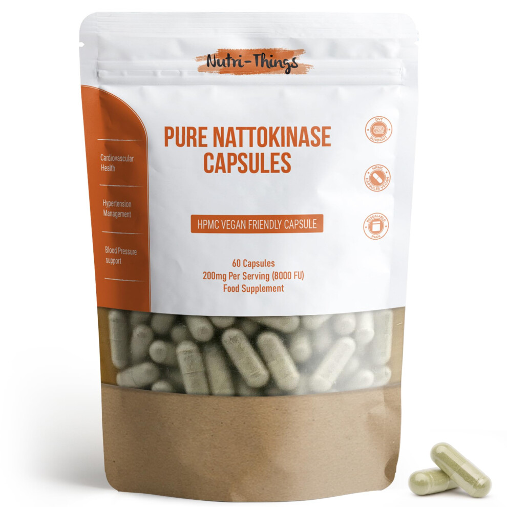 Pure Nattokinase Capsules - Natural Cardiovascular Support - 200mg Pure Nattokinase from Fermented Soybeans - Enhanced with Psyllium Husk for Added