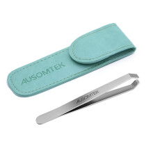 AUSOMTEK Skäggpinsett, Plockning av Vitt Hår, Rostfritt Stål, 5mm Spets, Cyan PU-Fodral 1Pack