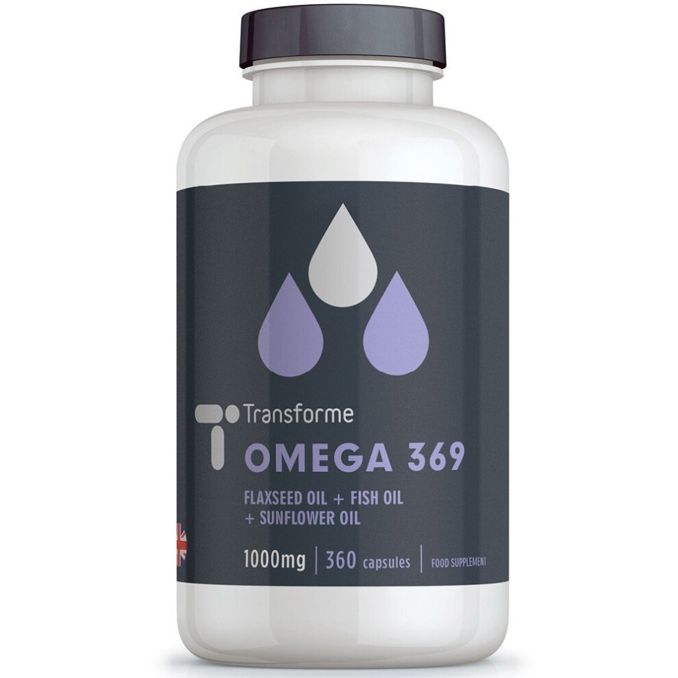 Transforme Omega 3 6 9 Fish Oil 1000Mg 360 Capsules, Fish, Flaxseed & Sunflower Seed Oils, Epa, Dha, Ala, La, Oleic Acid, Gluten Free